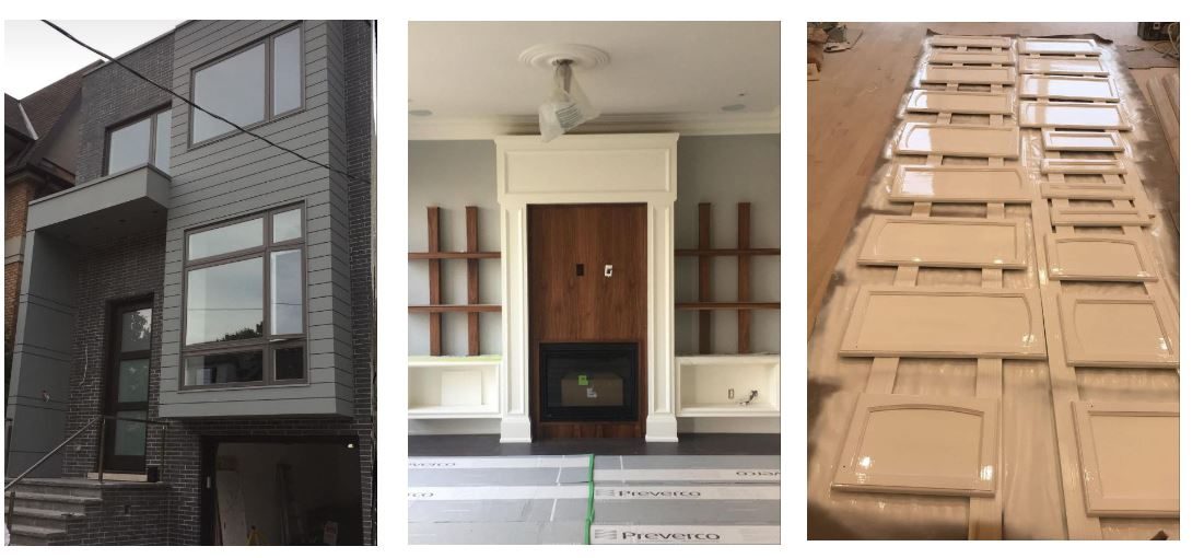 Exterior cladding, a painted mantel, and cabinet doors being finished