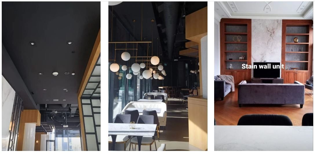 Commercial interior with a dark ceiling and a stained wall unit