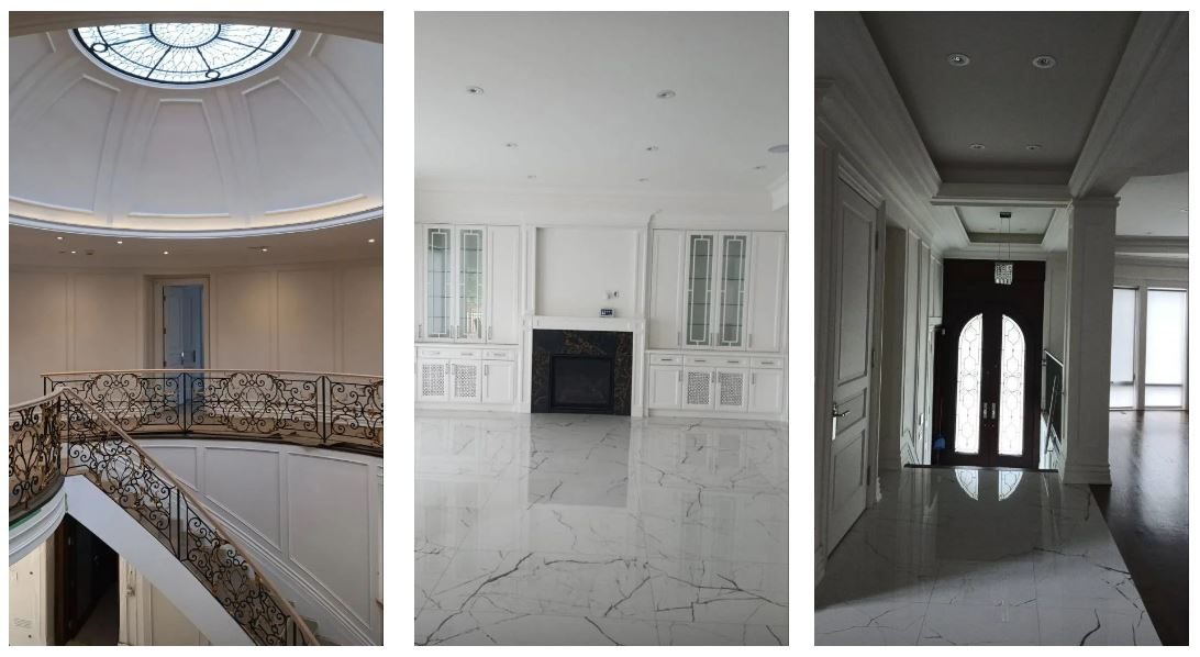 Painted interiors, including a curved stair hall and a white kitchen
